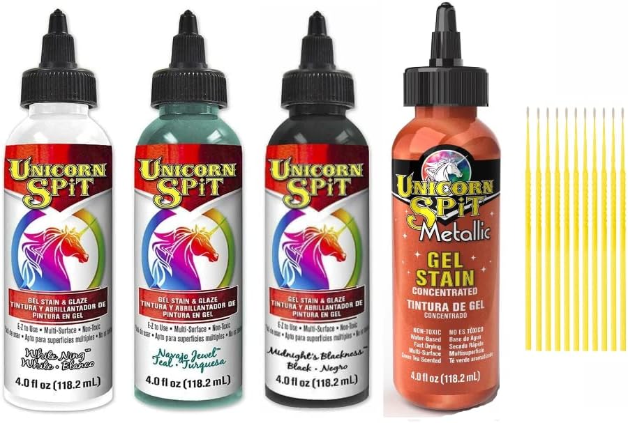 Unicorn SPiT Gel and Glaze Stain Celebration Collection: 4, 4oz. Bottles with Trebbies Detail Sticks (Zia Teal, Purple Hill Majesty, Pixie Punk Pink, Zeus Gold)
