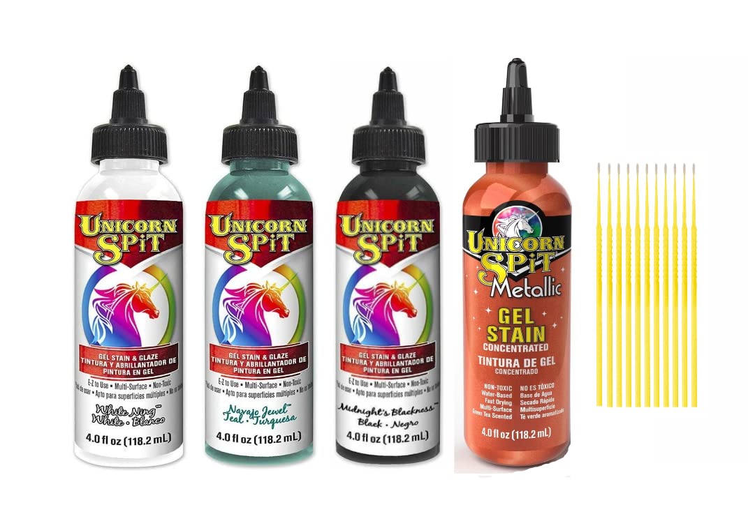 Unicorn SPiT Gel and Glaze Stain Desert Canyon Collection: 4, 4oz. Bottles with Trebbies Detail Sticks (White Ning, Navajo Jewel, Midnight's Blackness