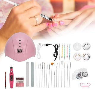 Ferramentas de arte de unhas, conjunto de ferramentas de design de esmalte de pintura de arte de unhas com lâmpada de unhas UV, caneta de polimento pincéis de unhas caneta de pontilhamento de unhas fita de listras de unhas strass