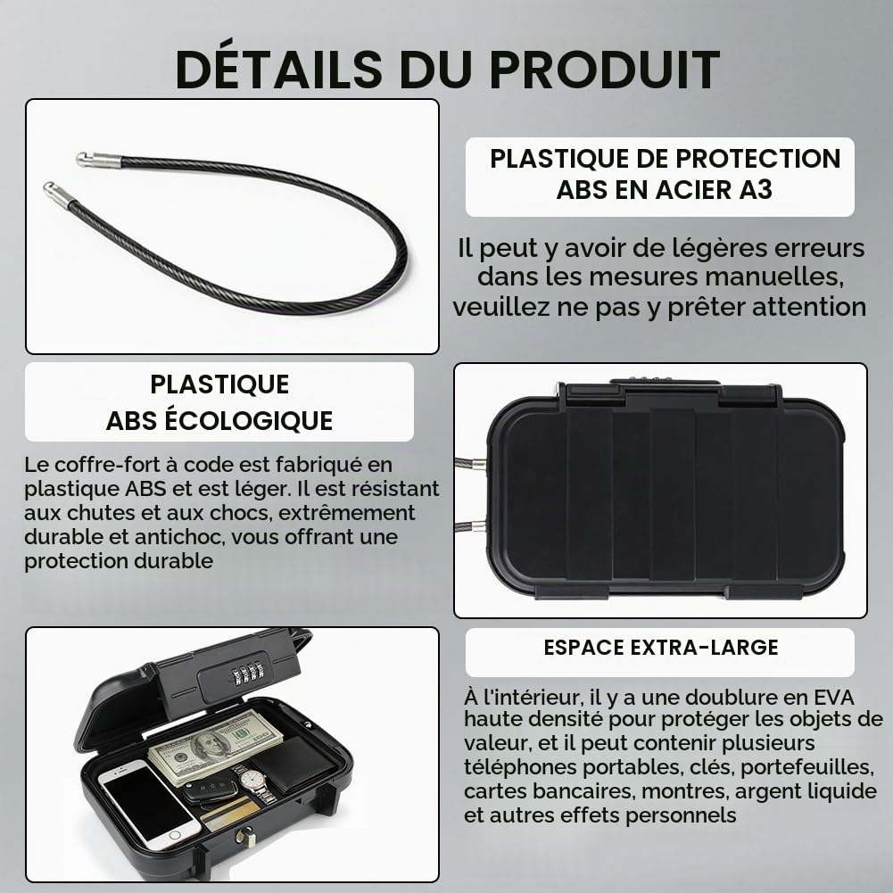 Coffre-fort portable, mini coffre-fort, code numérique à 4 chiffres, boîte de sécurité, avec câble de 6 mm amovible, coffre-fort de sécurité pour l'extérieur, coffre-fort de sécurité, coffre-fort de