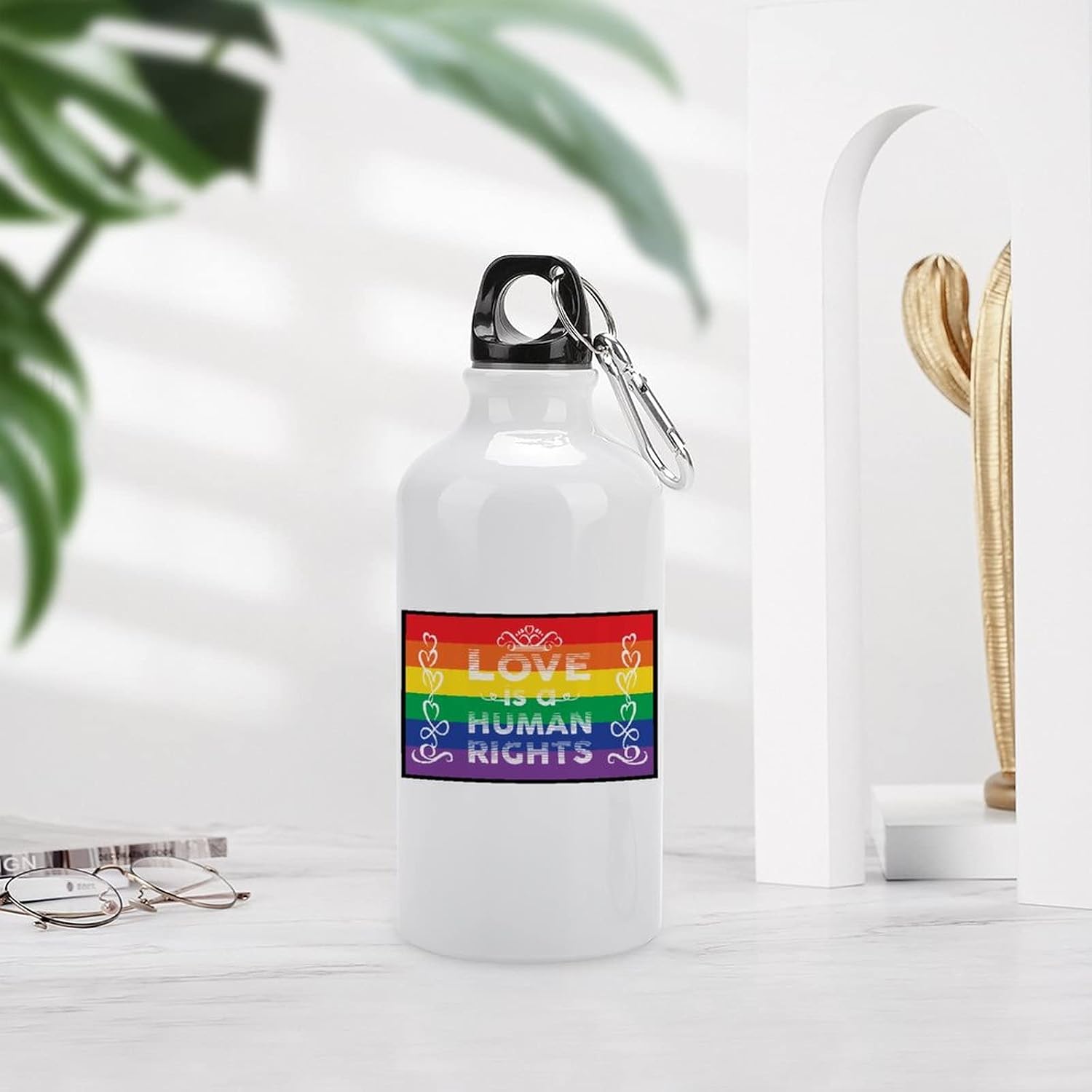 Pride Parade LGBT Sports Water Bottles LOVE Is A HUMAN RIGHTS Aluminum Water Bottle with Carabiner Clip & Sport Top, 400ml image 2