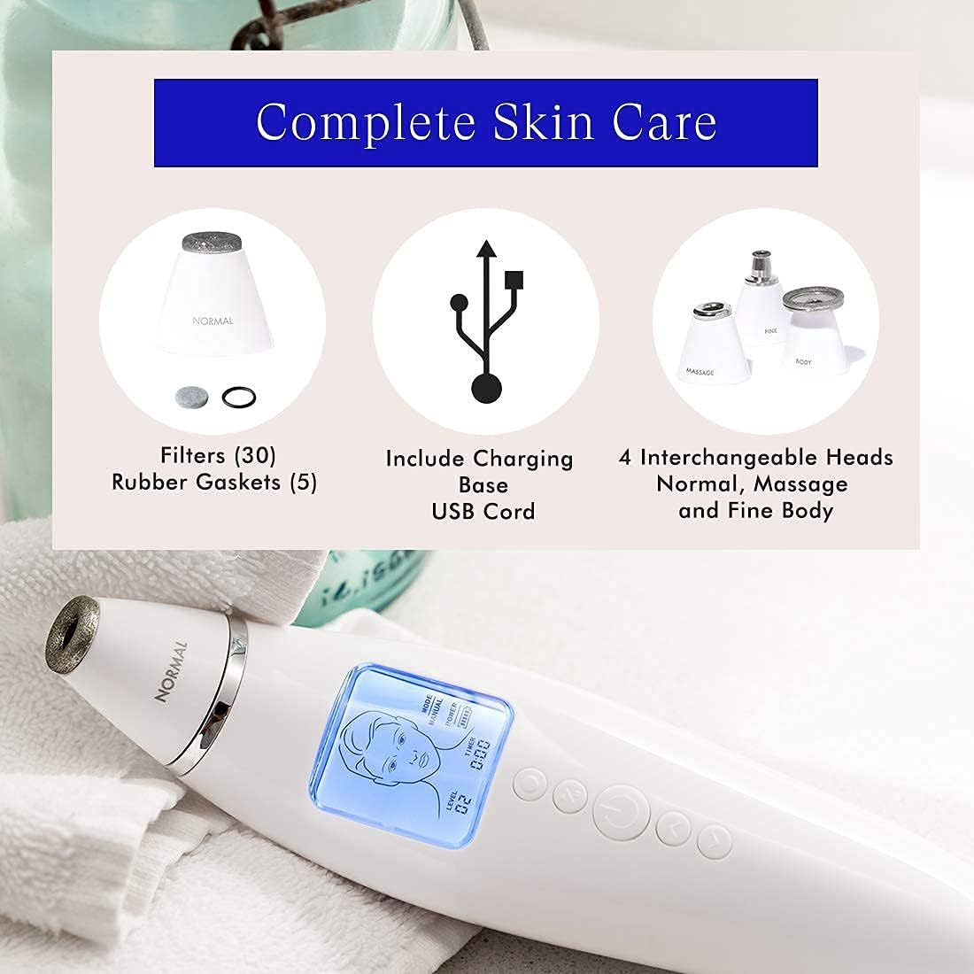 Vanity Planet Exfora Microdermabrasion Wand - Acne Treatment with LED Display, 4 Interchangeable Heads, Dual Charging Mode, Facial Cleanser for All Skin Types : Beauty & Personal Care