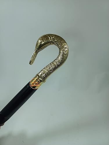 Handmade Solid Brass Swan Bird Handle Walking Cane with Floral Design Black Stick