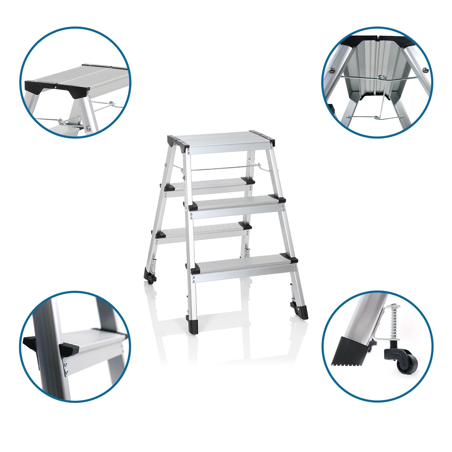 hjh OFFICE 830009 Solid IV Escabeau Pliable en Aluminium avec 3 marches Accessible des Deux côtés Charge maximale 150 kg Argenté