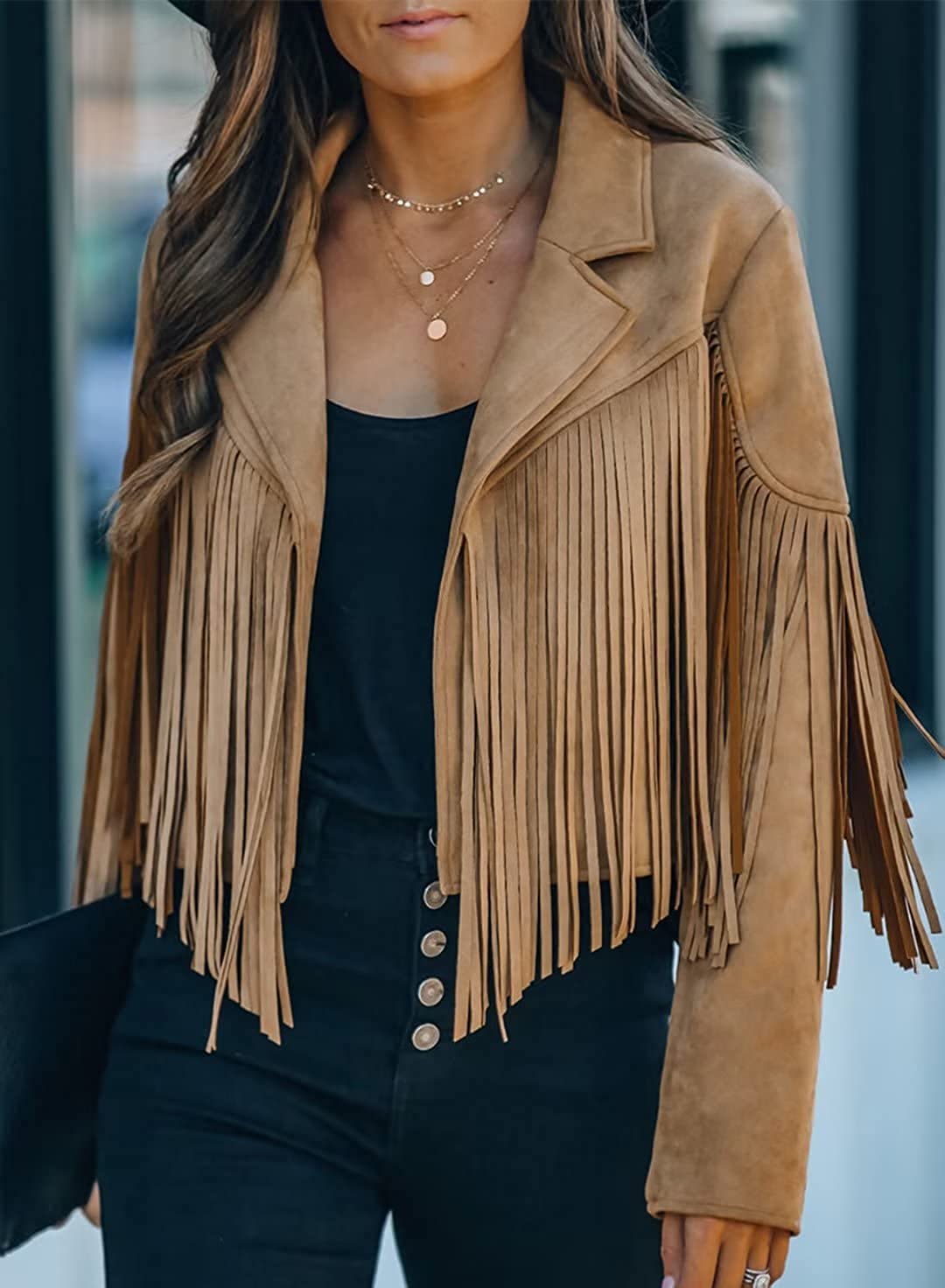 Veste Frange Femme Daim Haut recadré Western Denim Blouson aviateur Femme léger zippé matelassé Manteau décontracté vêtements d'extérieur