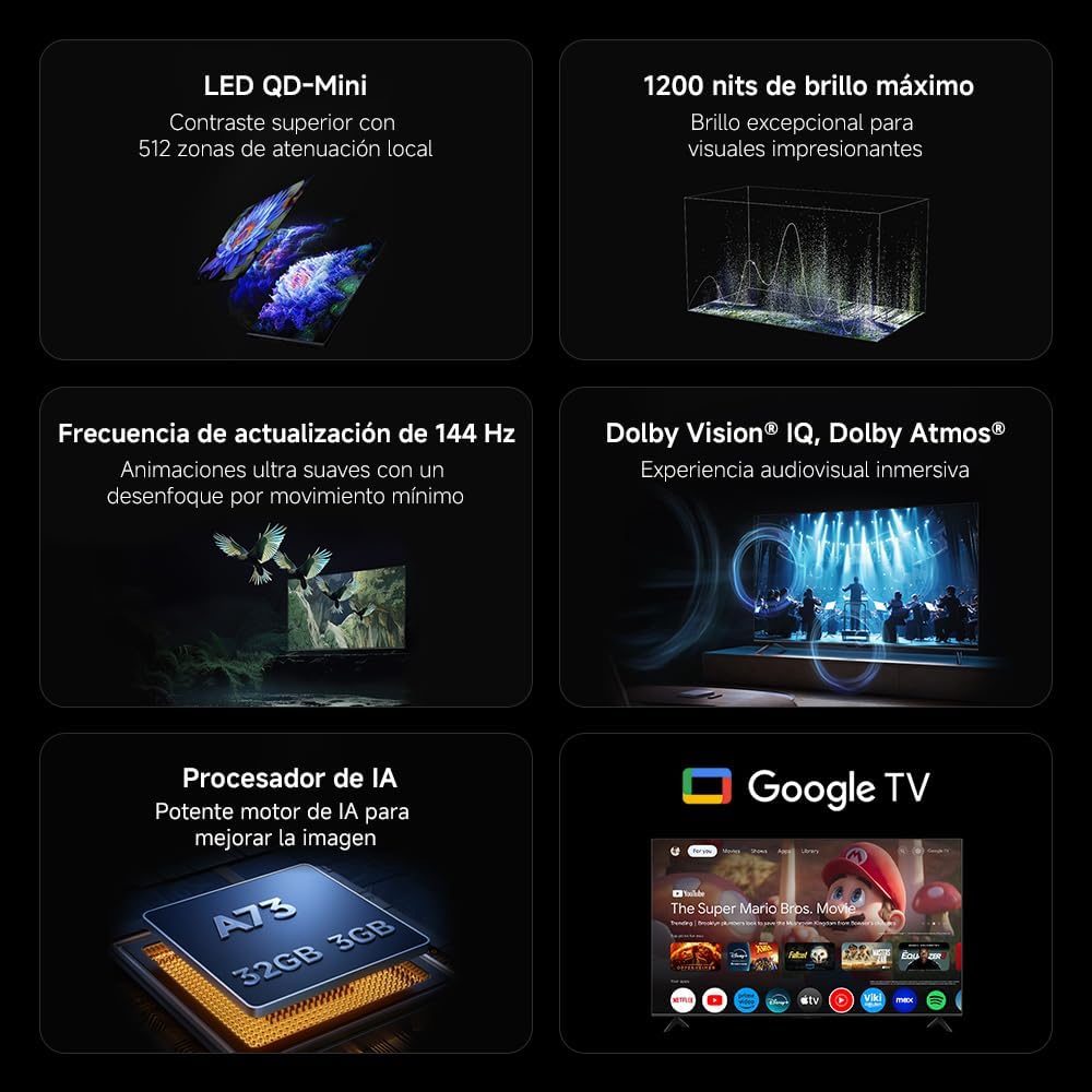 XIAOMI TV S Mini 75″, Diseño sin Bordes, Google TV, QD-Mini LED, 1200 nits de Brillo máximo, Alta tasa de refresco 4K de 144 H,Ultra Fluido para Gaming, Dolby Vision IQ & Dolby Atmos,Google Assistant 4