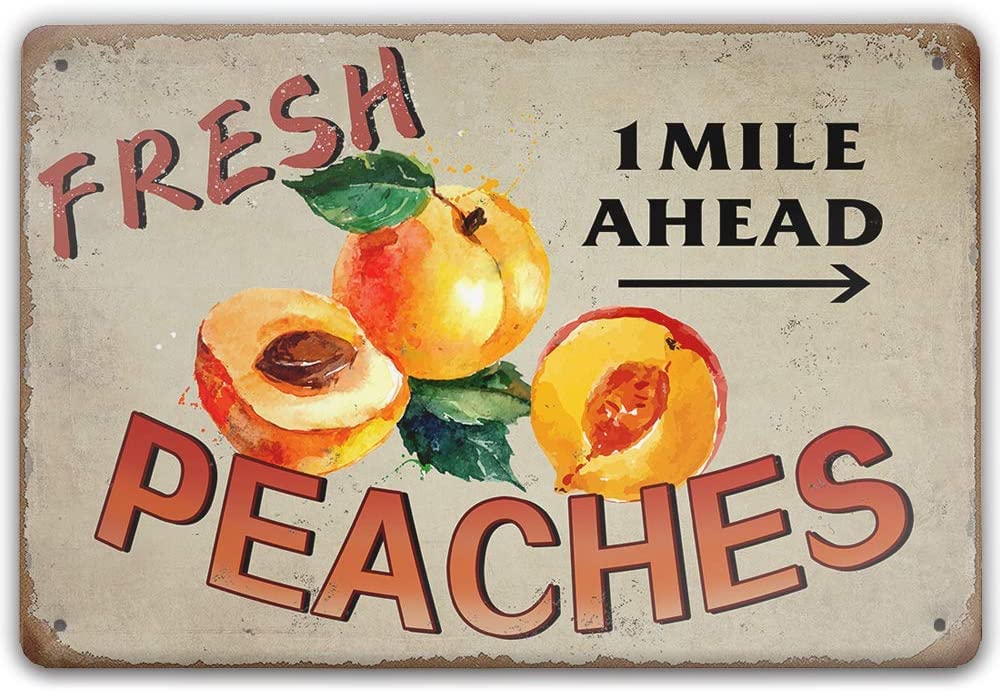 Fresh Peaches 1Mile Ahead Metal Tin Sign Kitchen Pub Funny Novelty Coffee Bar 12x16inch Yard Garden Farm Man Cave