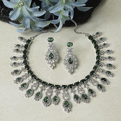 Image of ZENEME Rhodium-Plated American Diamond Studded Oval & Teardrop Shaped Necklace With Earrings Jewellery Set For Girls and Women
