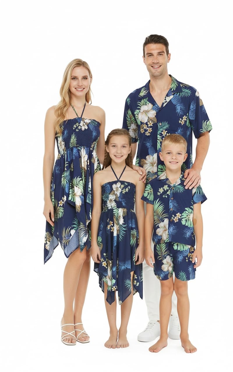 Matchable Family Hawaiian Luau Men Women Girl Boy Clothes in Pineapple Garden Navy