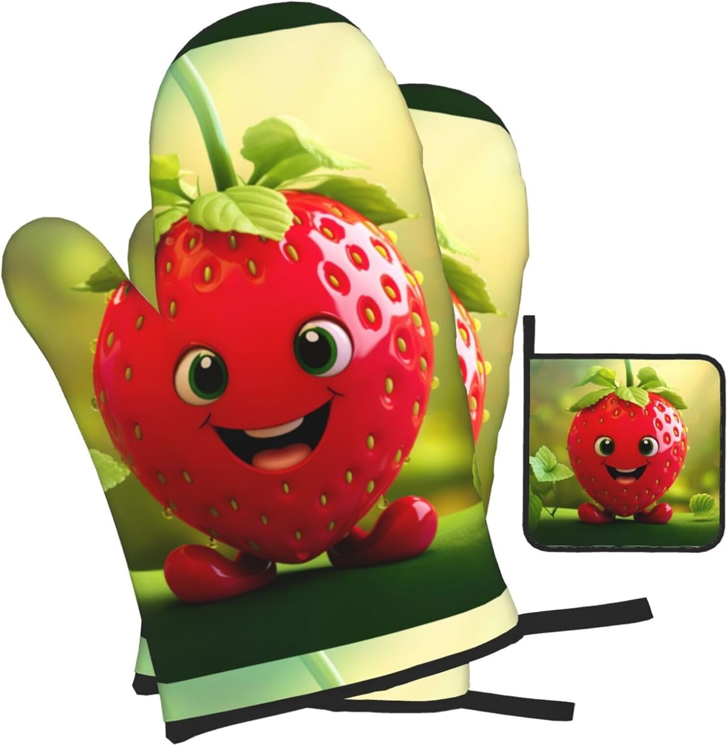 Cartoon Strawberry Print Heat Resistant Microwave Gloves, Used for Baking, Cooking, and Fashion Kitchen Essentials