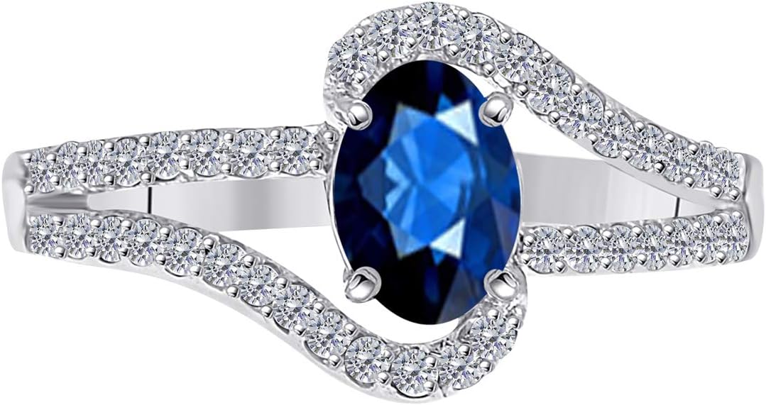 MauliJewels 1.35 Carat Oval Sapphire and Diamond Ring for Women, Prong-Set Engagement Wedding Ring in 10K Solid White Gold