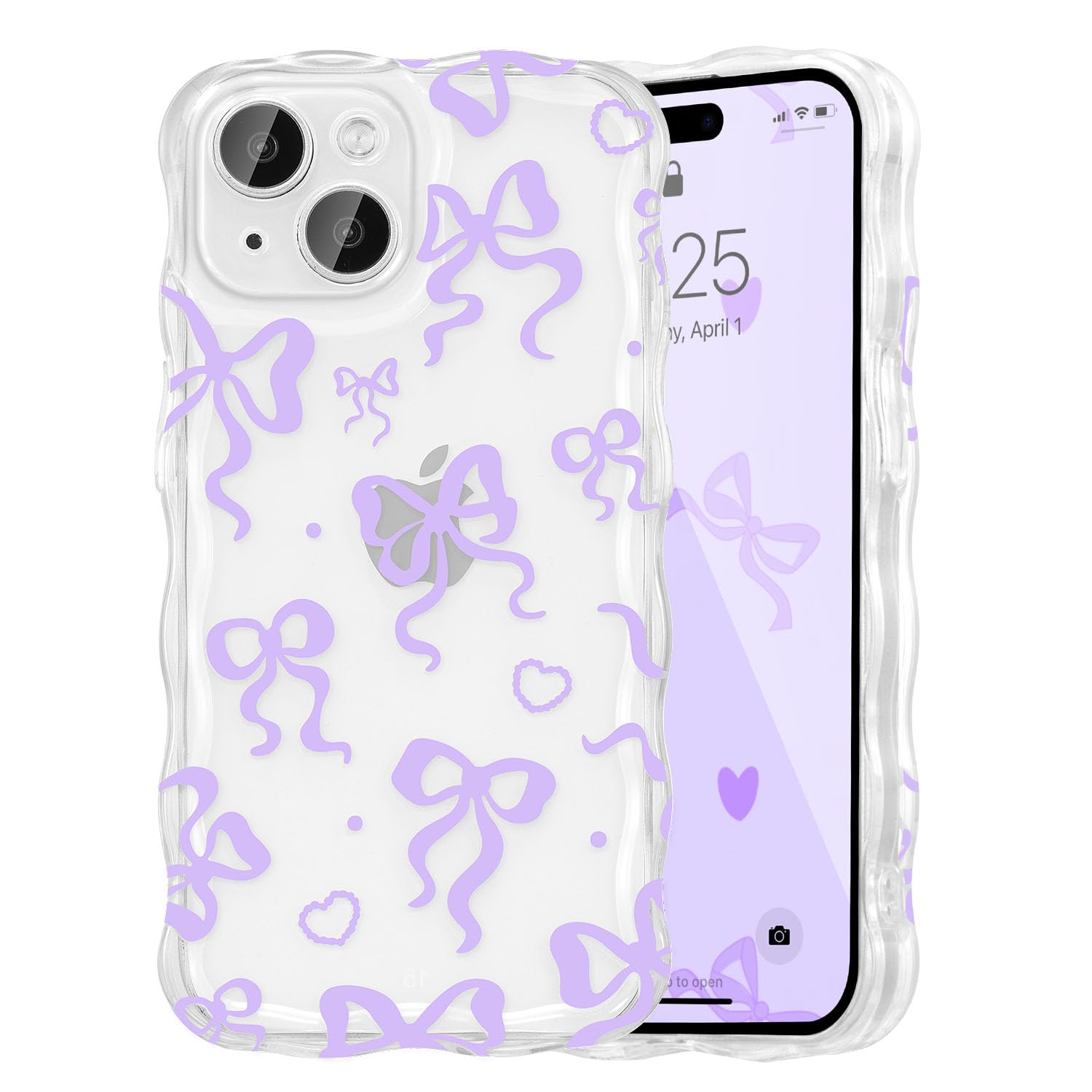 UEEBAI Cute Heart Bow Case for iPhone 14 Plus/15 Plus, Wave Ribbon Bows Phone Case Pretty Aesthetic Cover Cute Clear Shell Soft Bownot Phone Cover for