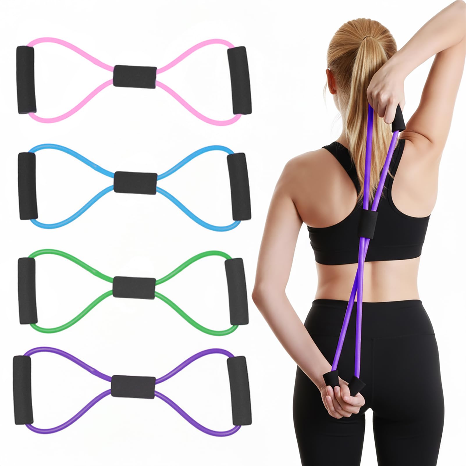 4-Piece Figure 8 Resistance Band, Stretch Bands For Exercise, Elastic Exercise Bands, For Women's Fitness Workouts (33ร13cm, Pink/Green/Blue/Purple)