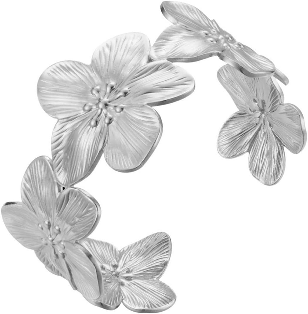 Wide Cuff Bracelets for Women,Vintage Chunky Flower Bracelet Boho Trendy Cute Floral Open Thick Arm Cuff Bangles Minimalist Statement Bracelets