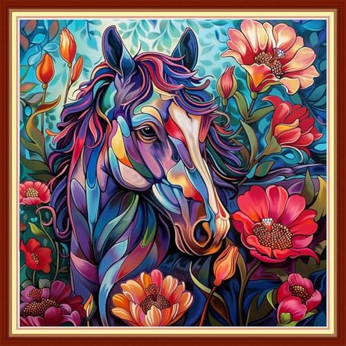 Image of Funchey Stamped Cross Stitch Kits, DIY Cross Stitch Pattern for Adults Beginners Needlepoint Kits Embroidery Kit Arts and Crafts 11CT&Colorful Steed Flowers 18x18 inchs