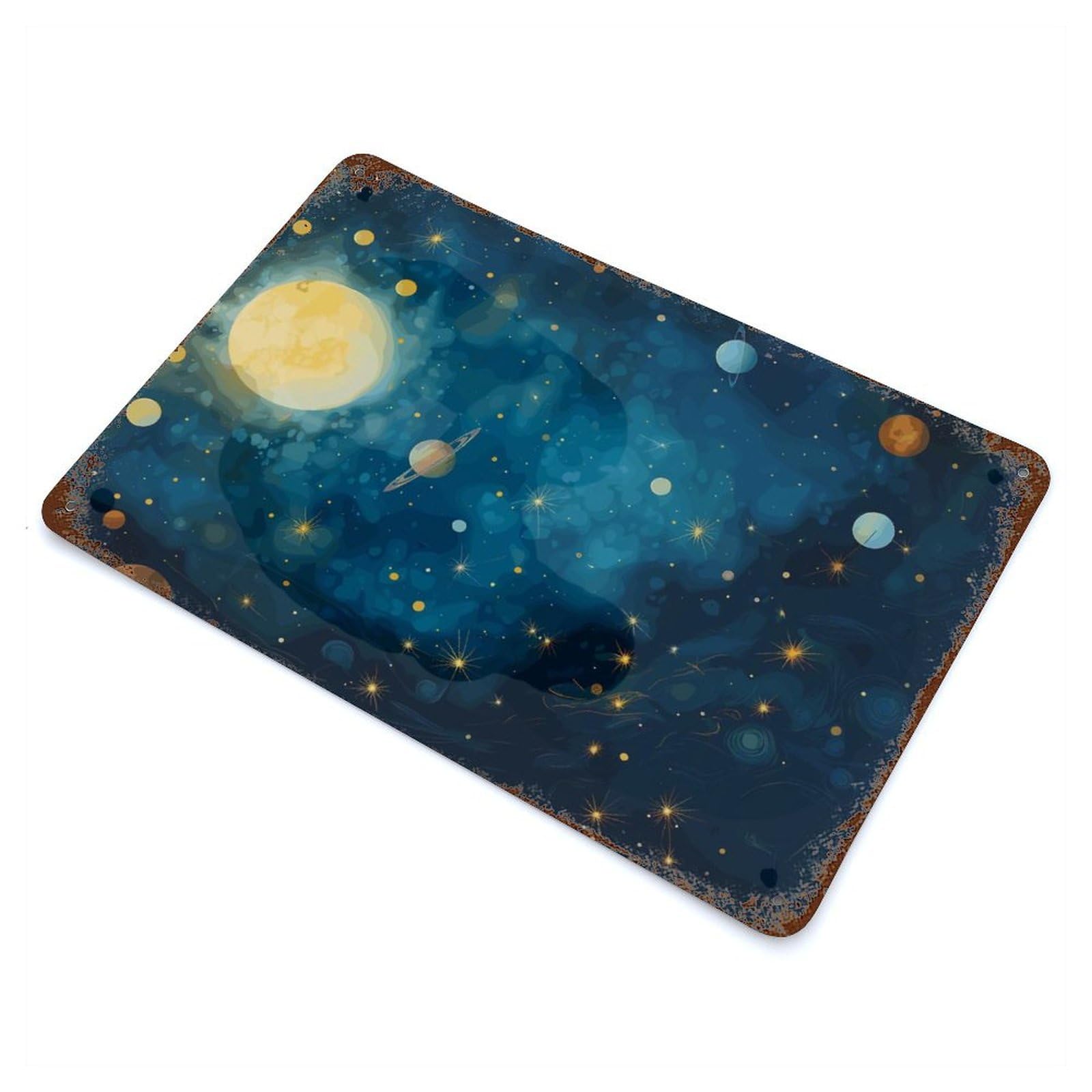 Watercolor Space with Planets And Stars Rust Effect Tin Sign 11.8"x7.9", Ideal for Farmhouse, Kitchen And Entryway Decor