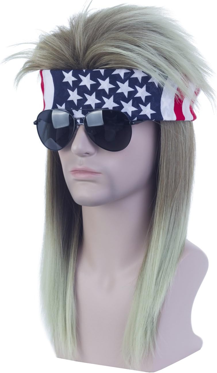 Angelaicos Angelaicos Unisex Mullet Wig 70s 80s Vintage Retro Rocker Disco Long Brown Green Hair Bandana