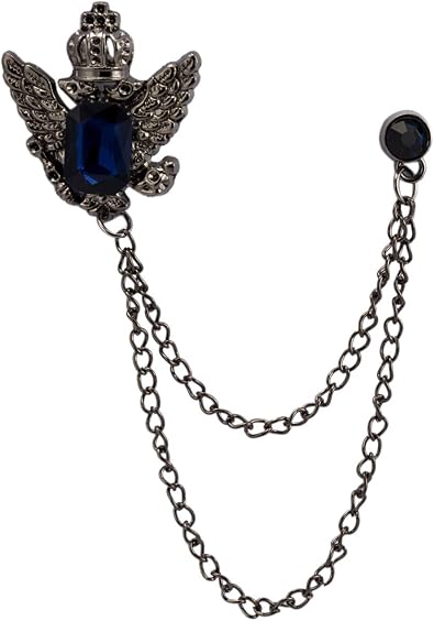 Knighthood Brooch Pin Gun Metal with Blue Stone Crown Hanging Chain Brooch Lapel Pin Accessories for Men Women