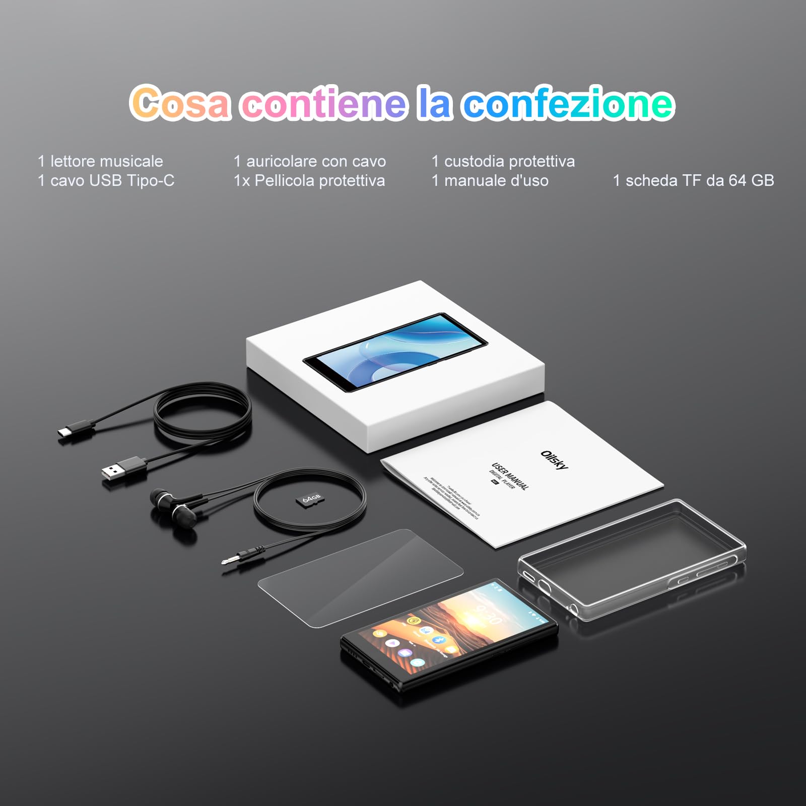 Oilsky 96GB Lettore MP3 Spotify con WiFi e Bluetooth, 4,7'' 1280P Schermo Tattile, Android 13.0, RAM:4GB, Lettore MP3 e MP4 con Amazon Music, Deezer, Play Store (Nero)