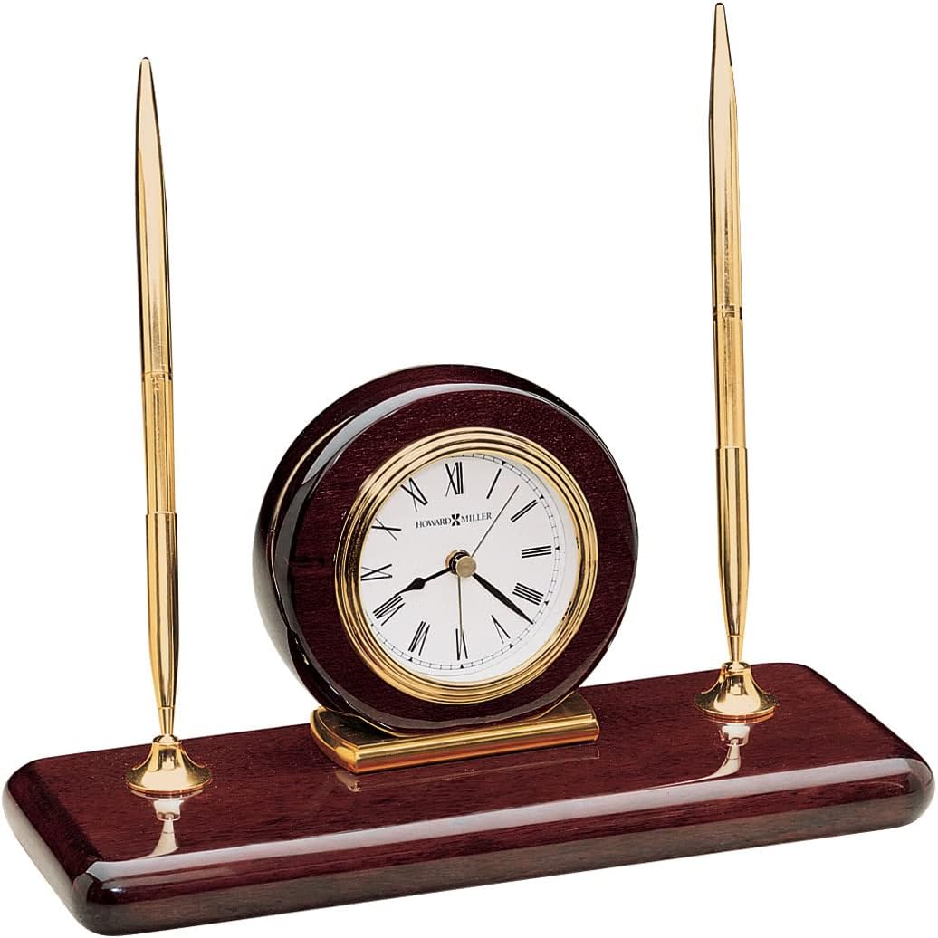 Howard Miller Rosewood Desk Clock Set - High Gloss Wooden Finish, Brass Bezel, Roman Numerals, Personalized Engraving Plate, Quartz Movement, Elegant Office Tabletop Clock with Pens