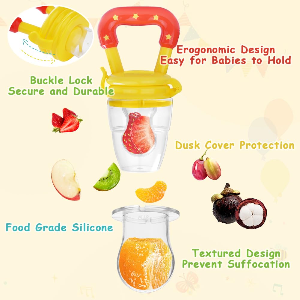 Vicloon Ciuccio per Alimenti Neonati, 3 Pezzi Ciuccio Frutta Neonati con 3 Ciuccio in Silicone(3 Taglie Differenti), Ciuccio Frutta per Bambini per Alleviare il Dolore allo Tempo, Senza BPA, 3 Colori