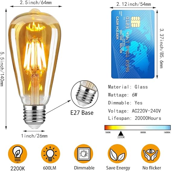LED Edison Bulb, Vintage Light Bulb, Dimmable 6W E27 LED Bulbs, Led Filament Bulb, Antique Style Retro Amber Glass Screw Lamp, ST64, 2200K, 600LM, 6W - 6 Pack [Energy Class F]