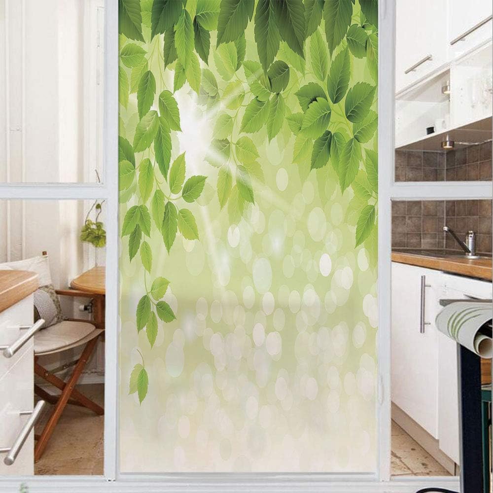 Decorative Window Film,No Glue Frosted Privacy Film,Stained Glass Door Film,Summer Spring Branch Leaves Foliage on Abstract Backdrop Decorative,for Home & Office,23.6In. by 47.2In Forest Green Light G
