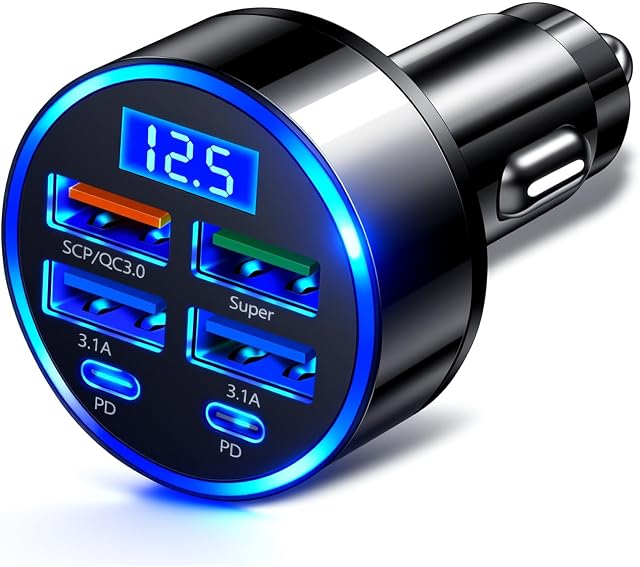 6 in 1 24V/12V Car Charger Adapter,Car Cigarette Lighter USB Charger with PD/Super/QC3.0/3.1A Port & LED Voltage Display,Upgraded Cars Cigarette Lighter Adapter for Multiple Devices