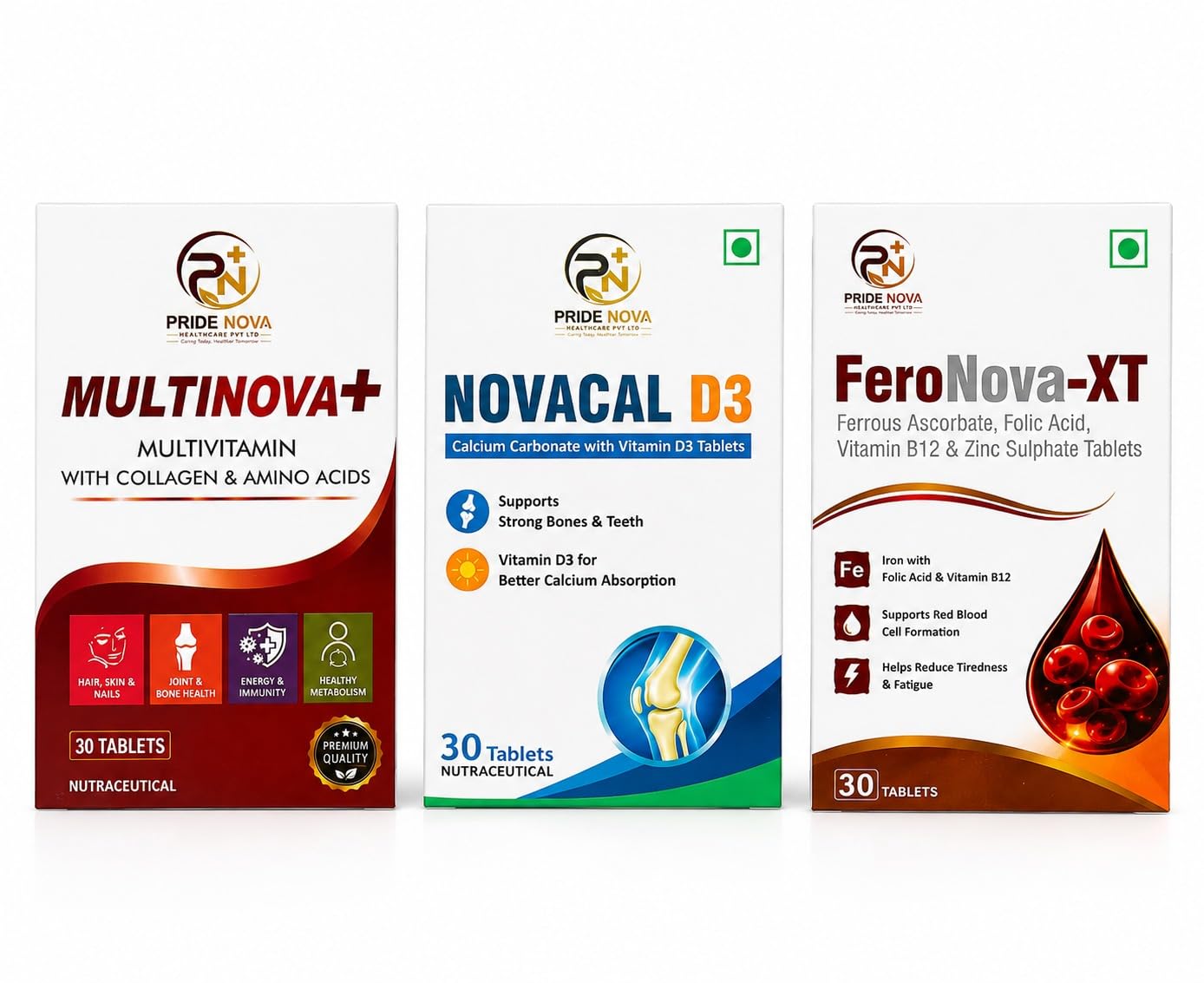 Pride Nova Complete Wellness Combo Pack | NovaCal D3 + FeroNova-XT + MultiNova+ | Kit with Calcium, Iron, Multivitamins, Collagen | 30 Tablets Each | Pack of 3-image-21