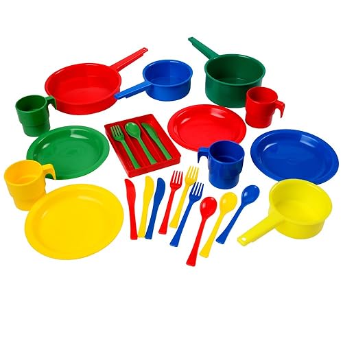Constructive Playthings Juego de cocina de tamaño infantil de 24 piezas. Características de servicio para 4 con platos de 6 12 pulgadas de diámetro.
