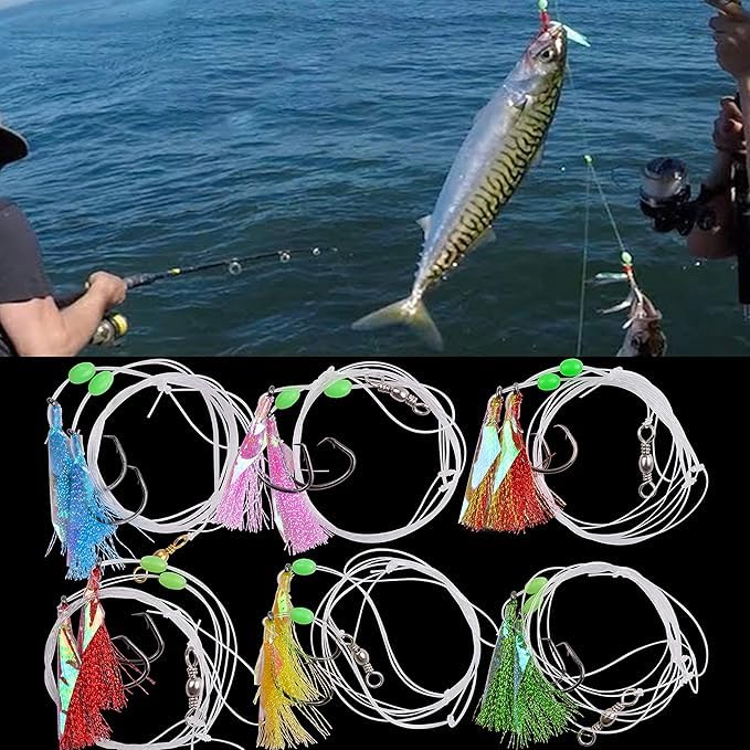 15Packs Fishing Bait Rigs Set Saltwater Fishing Rigs with Sharp Hooks, Fish Skin, Barrel Swivel and Glow Beads Bottom Fishing Rigs for Freshwater Flounder Sea Bass Halibut (Assorted Color)
