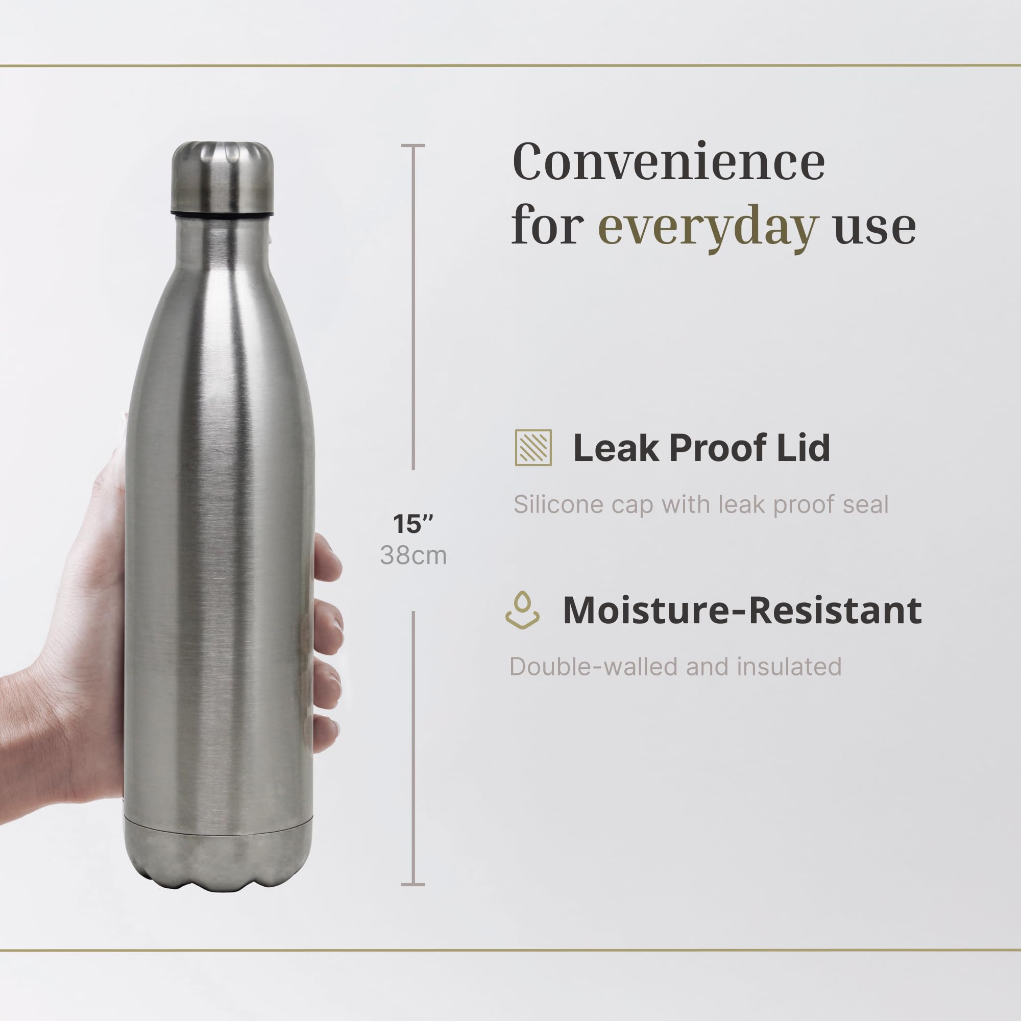 JS Gourmet Botella de agua de acero inoxidable de doble pared de 750 ml con tapa de silicona a prueba de fugas, ligera, reutilizable, botella de metal aislada, mantiene las bebidas calientes o frías