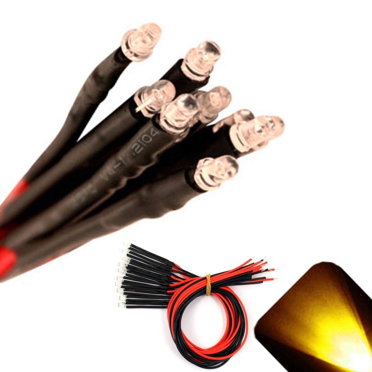 100 x 12V 3mm Pre-Wired Flickering Yellow LED - Candle Flame Effect Clear Lens - Built-in Resistor for Halloween Props Lanterns Costumes