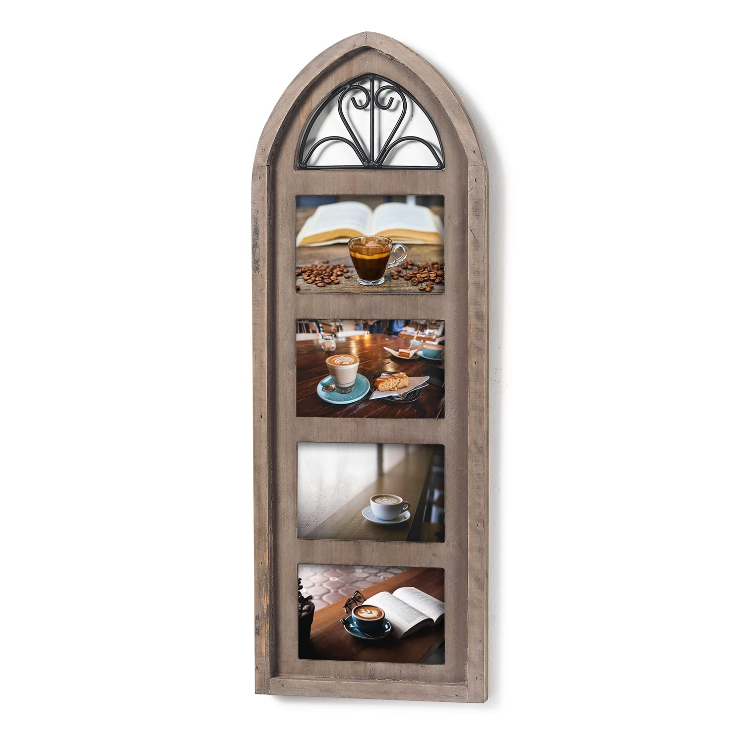 Adeco 4 Openings 4x6 Solid Wood Collage Picture Frame, Decorative Handmade Rustic Craftsmanship Photo Frame for Wall Hanging, Vintage Wooden Wall Decor for Living Room