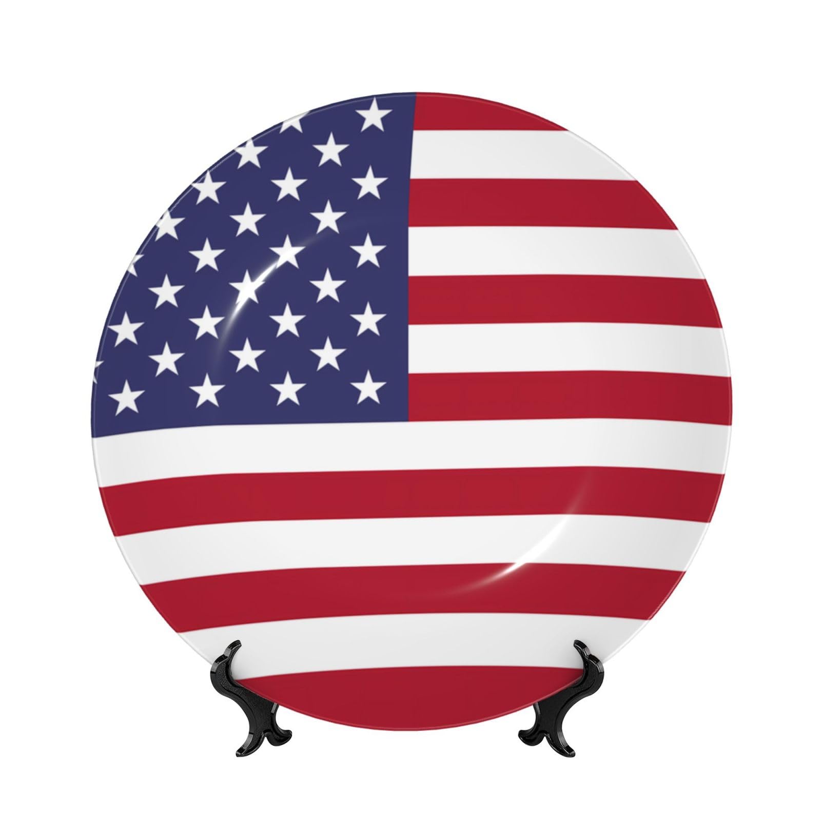 SXZVVBN American flag Bone China Decorative Plate Art with Stand Removable Adhesive Hanging for Home Office 10in（25cm）