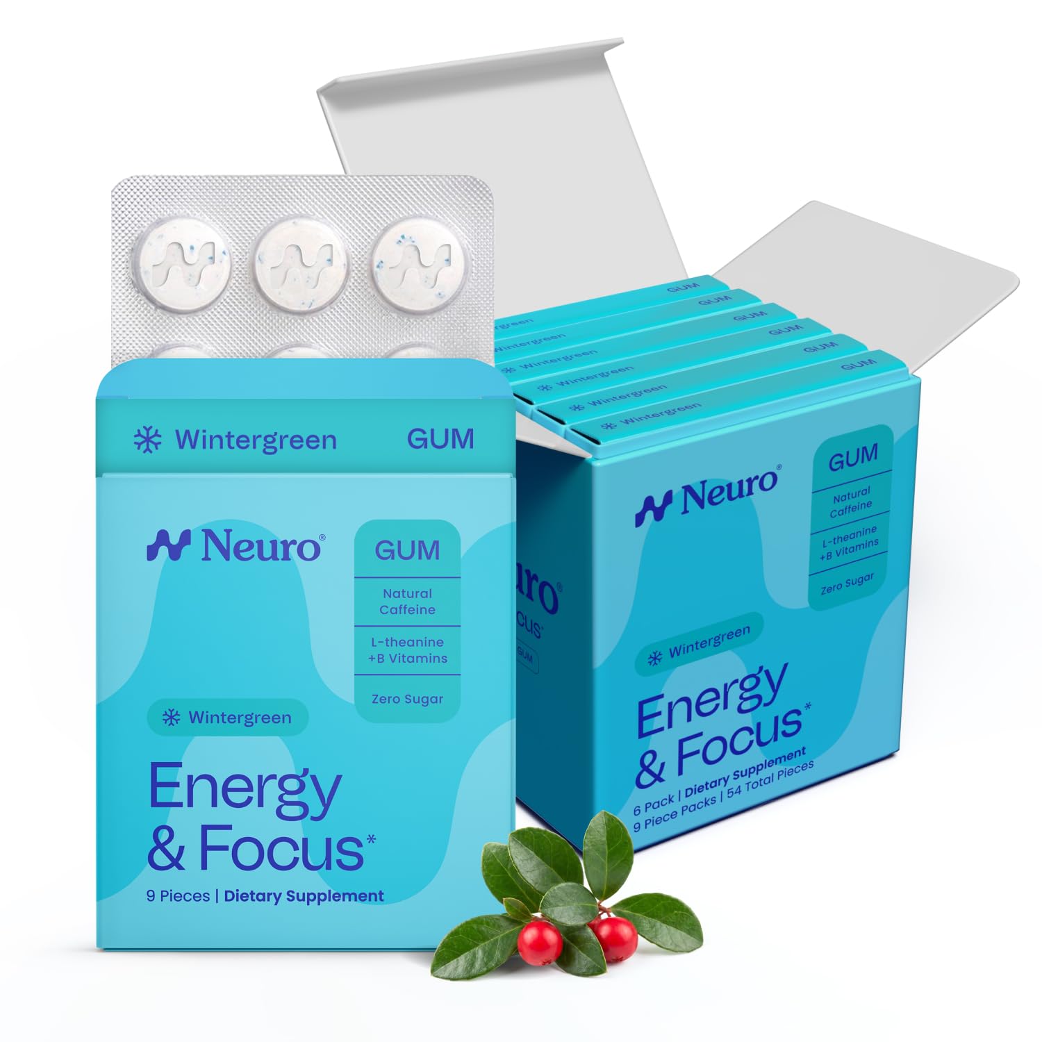 Neuro Energy & Focus Gum - Caffeine Gum with 40mg Natural Caffeine & L-Theanine - Nootropic Energy Supplement with B Vitamins - Sugar Free, Vegan - Wintergreen, 54ct