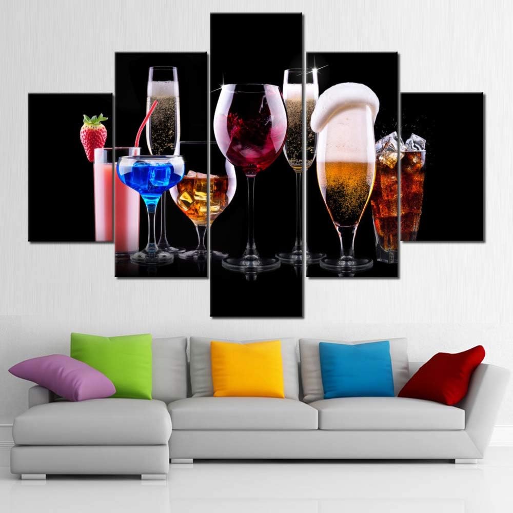 One-Day Sale: Up to 40% Off Wine Glasses / Cup Paintings for Living Room Colorful Cocktail Pictures Juice Wall Art Multi Panel Prints Canvas Artwork Giclee Kitchen Modern House Decor Stretched Framed Ready to Hang (60''Wx 40''H)