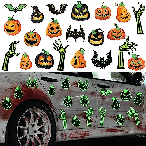 Image of 21PCS Halloween Car Magnets Decorations - Magnetic Glow-in-The-Dark Bats Pumpkin Skeleton Hands, Garage Door Refrigerator Trunk or Treat Cruise Decor