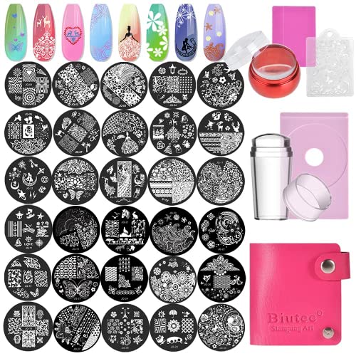 Biutee Nail Stamping Plates Set 30pcs Nail Plates 2stamper 2scraper 1storage bag 1Plate Holder Flower Animal Pattern Nail plate Template Image Plate Stencil Nails Tool