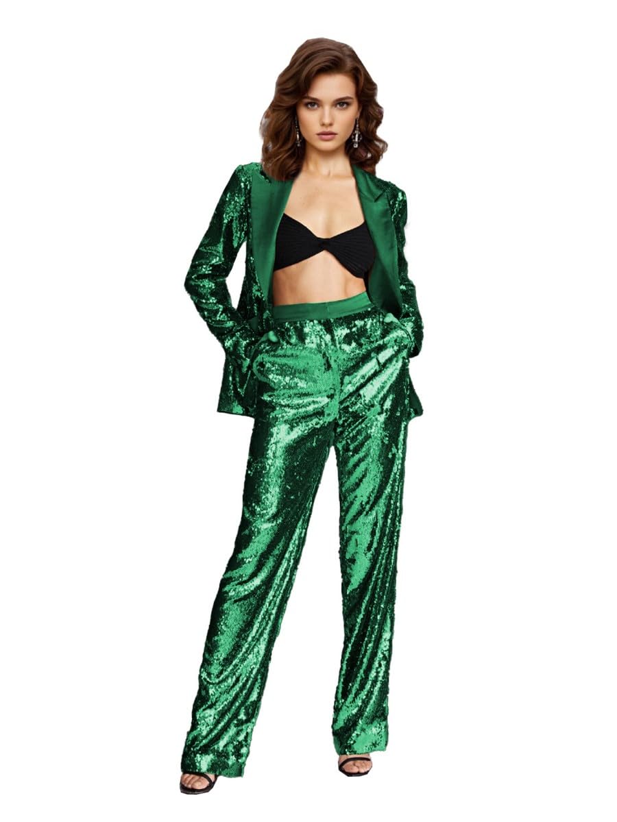 Womens 2 Piece Suit Pants Set Black Sequin Suit Set Black Sequin Blazer and Long Pant Suits with