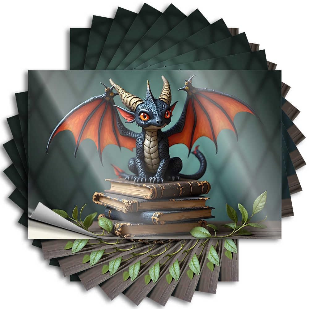 Adorable Dragon Perched On Ancient Books with Green Leaves Tiny Funky Room Decor - Bumper Garage Removable Vinyl Decal(8X12CM)
