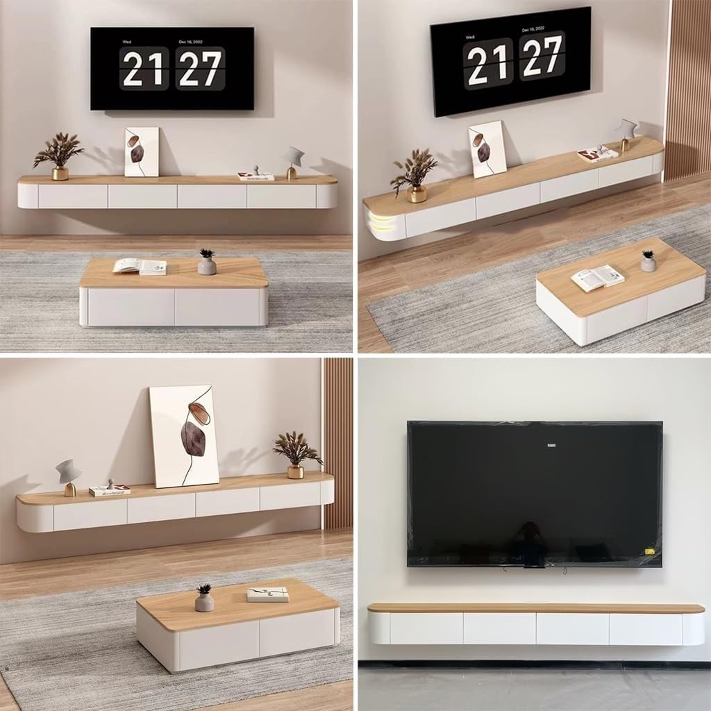 Mueble TV Suspendido,Montado En La Pared Armario De Almacenamiento con Puertas Consola De Entretenimiento Multimedia Armario De TV 120-300cm Esquina Redonda (White+Wood, 160cm)