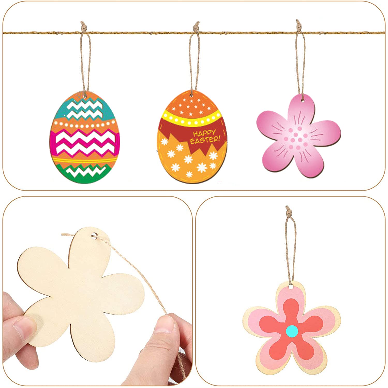 Kit Créatif De Pâques Pour Enfants - 20 Pendentifs En Bois à Peindre, Avec Peintures, Pinceaux Et Porte-clés