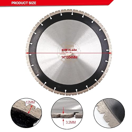 Miniatura 2 de DT-DIATOOL Hoja de sierra segmentada de diamante de 14 pulgadas, eje de disco de corte sinterizado de 1.000 in con arandela de 0.787 in para bloque