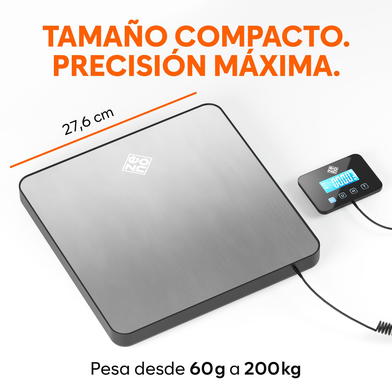 Bascula Industrial - 200 kg/10 g - Bascula Comercial de Alta precisión con Función de Retención/Tara - Perfecta para Paquetes, Equipaje, Uso Profesional - Batería y cable incluidos - Plata