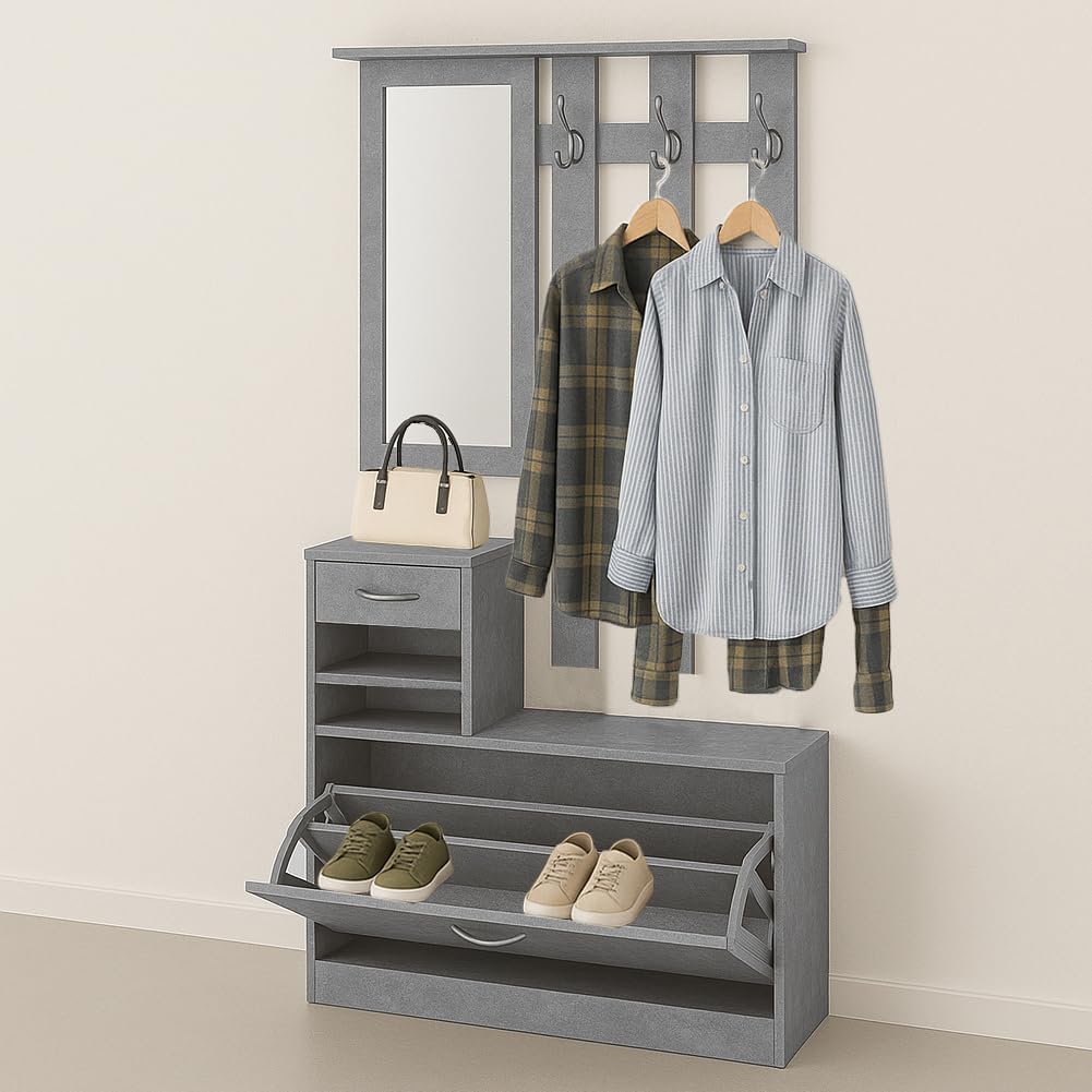 BAKAJI Set Mobili Ingresso Design Moderno con Scarpiera Panca Cassetto Specchio Rettangolare e Appendiabiti Attaccapanni 6 Ganci da Parete Casa Design Moderno in Legno (Grigio)