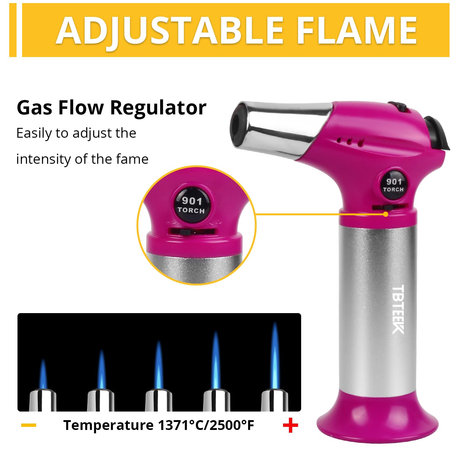 TBTEEK Butane Torch T901, Kitchen Torch Cooking Torch with Safety Lock & Adjustable Flame for Cooking, BBQ, Baking, Brulee, Creme, DIY Soldering(Butane Not Included), Rose