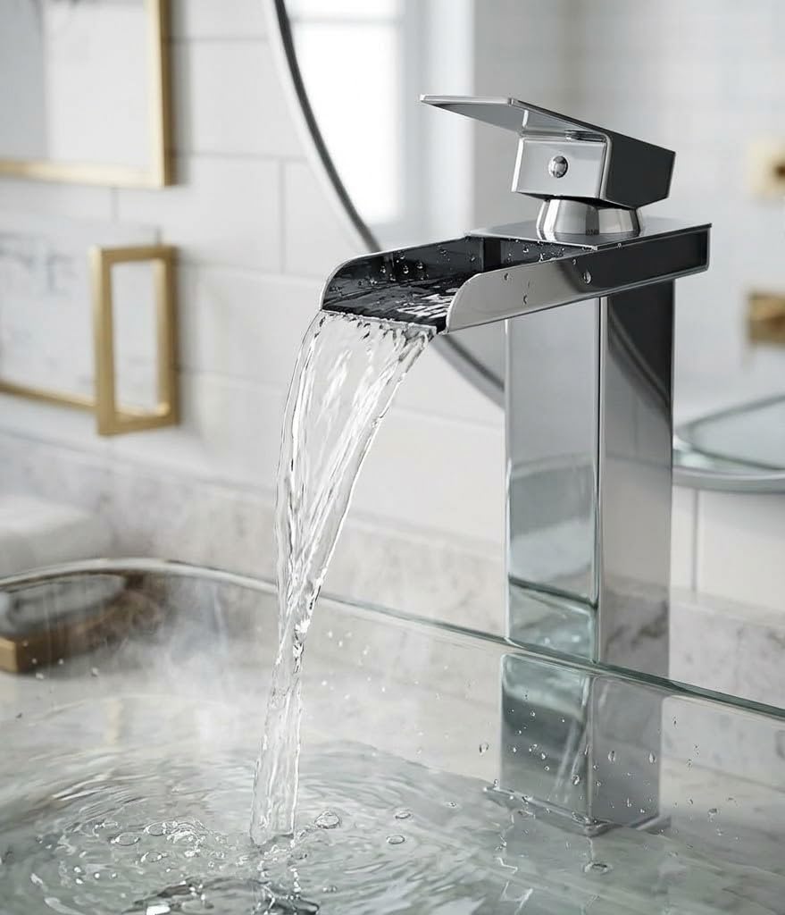 Miscelatore Monocomando a Cascata Alto per Lavabo, Rubinetto Bagno Moderno in Acciaio Cromato, Design Squadrato con Aeratore Anticalcare e Risparmio Idrico, Altezza 320mm