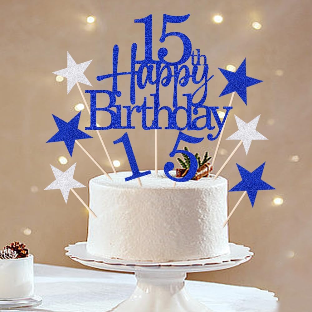 Happy 15th Birthday Cake Topper - 9PC Glitter 15th Birthday Cake Decor?Hello 15, Cheers to 15 Years 15 Anniversary/Birthday?15 & Fabulous Cake Decor (15th, blue) Blue 15th