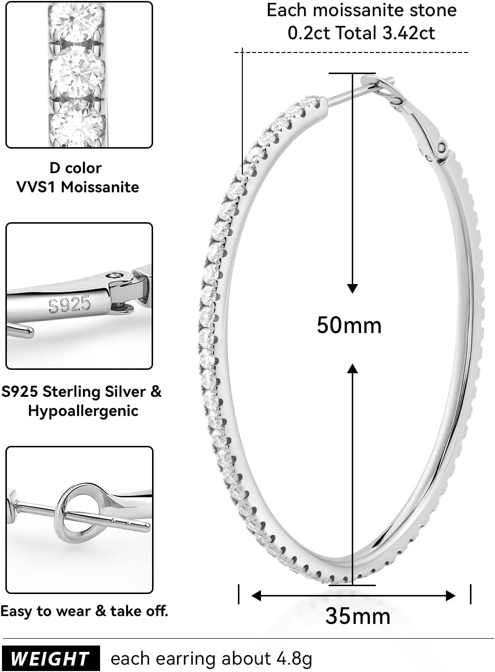 RINEY&KY Large Moissanite Hoop Earrings for Women Thin 18k White Gold Plated Lab Diamond Hoop Earrings Sterling Silver Hypoallergenic VVS D Certified Moissanite Earrings - Image 3